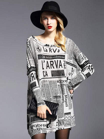 Loose One-shoulder Newspaper Printed Split-joint Sweater