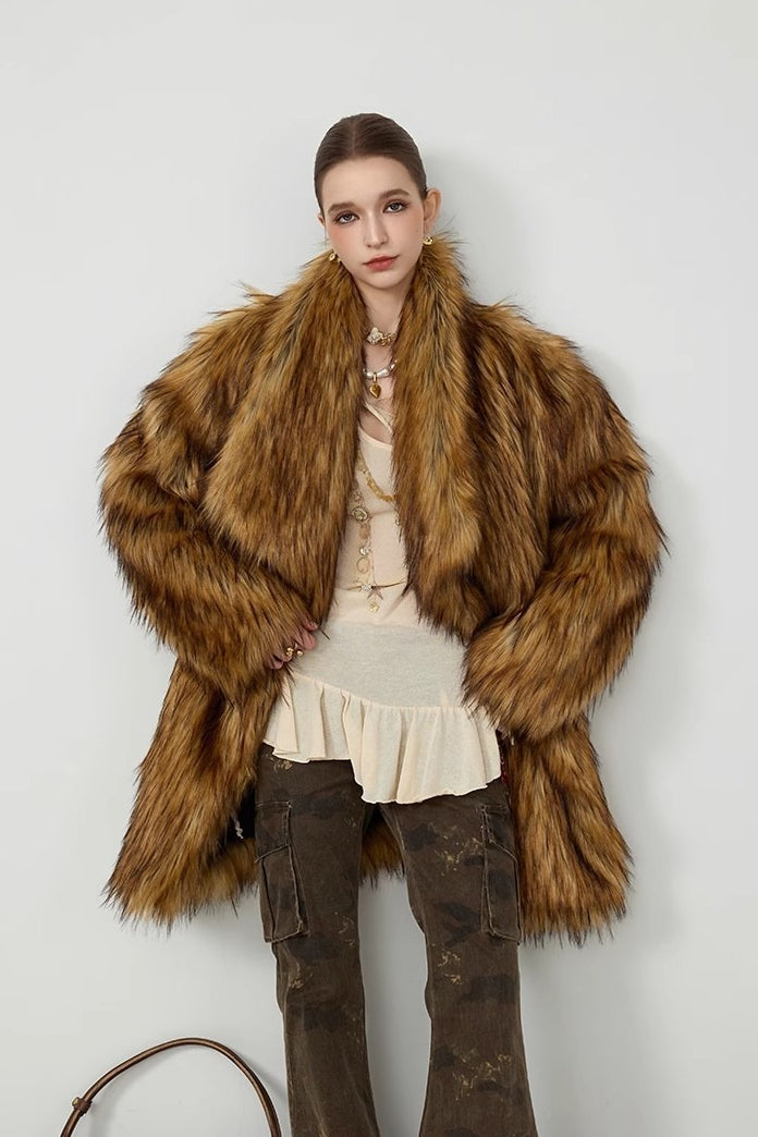 Plush Faux Animal Fur Loose Warm Mid-length Notch Collar Coat