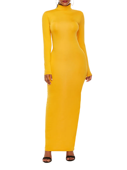 Bodycon Long Sleeves Color High Neck Maxi Dresses
