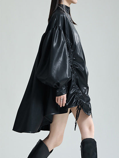 High-low Long Sleeves Drawstring Pleated Color Stand Collar Mini Dresses