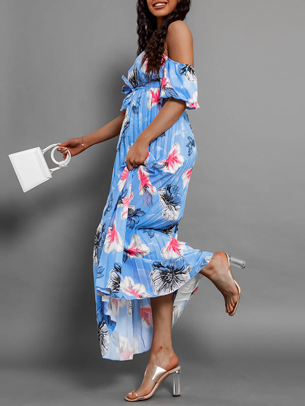 A-line Loose Elasticity Flower Print Pleated Split-joint Tied Waist Off-the-shoulder Maxi Dresses