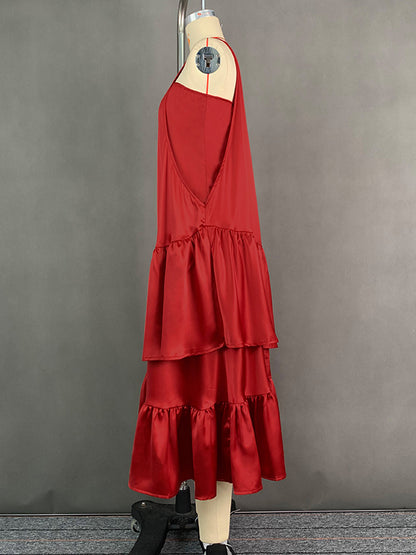 A-line Loose Double Layered Pleated Color Split-joint Zipper Cold Shoulder Midi Dresses