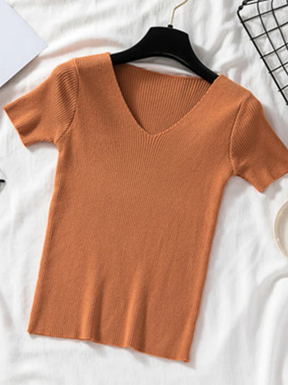 Tee Tops for V-neck Short Sleeve T-shirt Woman Slim Color T Shirts
