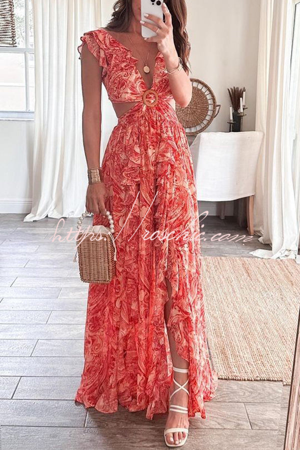 Boldest Bloom Printed Ruffle Sleeve Cutout Maxi Dress