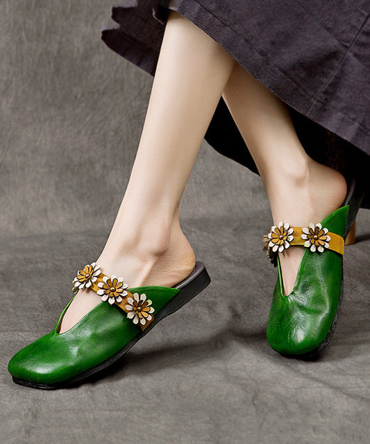 New Style Green Cowhide Leather Flats Slide Sandals