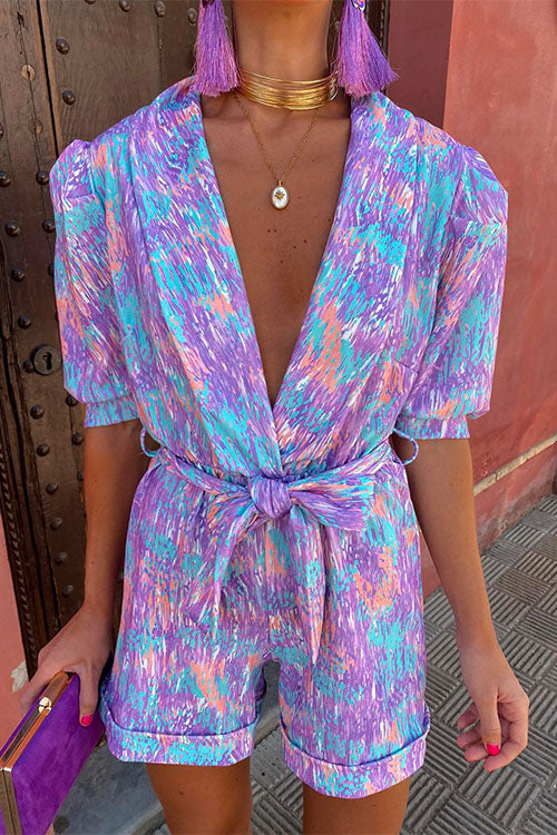 Deep V Neck Puff Sleeve Knot Waist Printed Romper