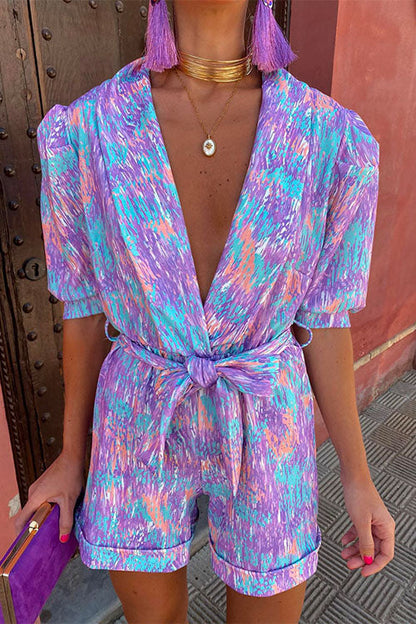 Deep V Neck Puff Sleeve Knot Waist Printed Romper