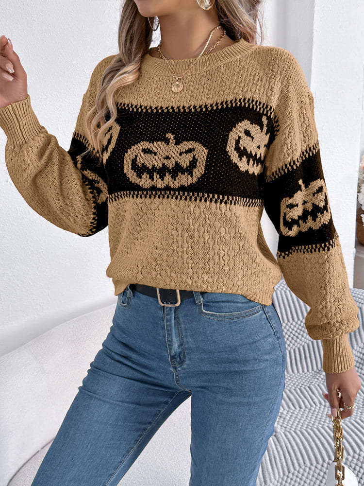 Halloween Pumpkin Head Color-block Crew Neck Knit Sweater