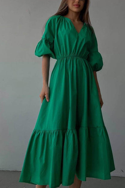 Half Sleeve V Neck High Waist Midi Dress