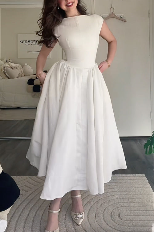 Moxidress Cap Sleeves Open Back Waisted Swing Midi Dress