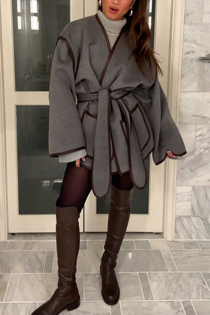 Moxidress Open Front Pocketed Splice Coat With Belt