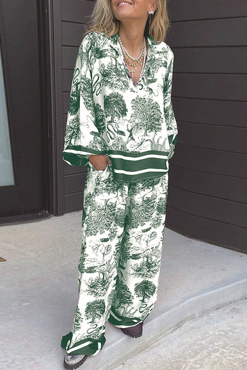 Moxidress Lapel V Neck Long Sleeves Shirt Wide Leg Pants Printed Set