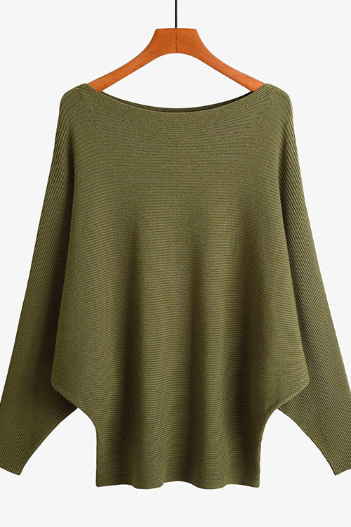 Boat Neck Batwing Sleeves Ribbed Knit Sweater