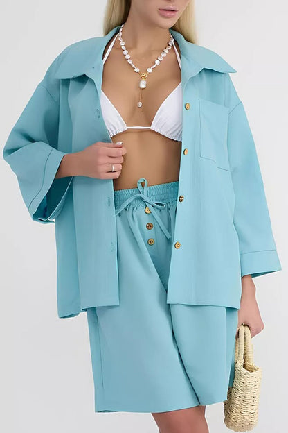 Color Shirt Single-breasted Bermuda Shorts Set
