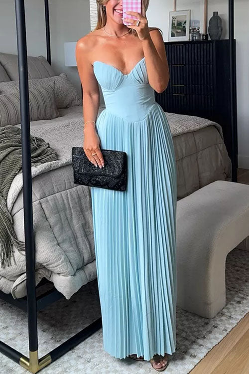 Moxidress Strapless V Neck Corset Pleated Maxi Dress
