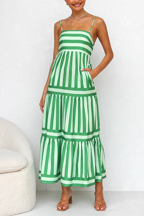 Spaghetti Strap Ruffle Tiered Color Block Striped Maxi Dress