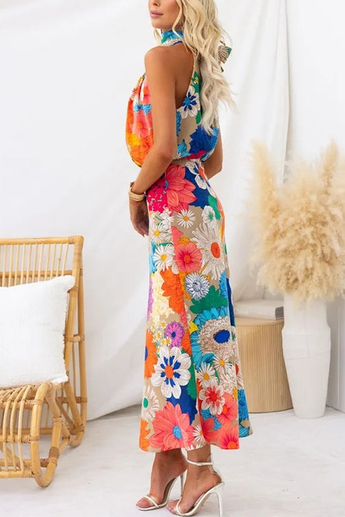 Sleeveless Tie Neck Waisted Print Maxi Dress