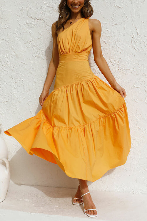 (4 Colors) One Shoulder High Waist Tiered Maxi Dress