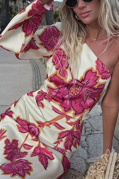 One Shoulder Long Sleeve Print Maxi Dress