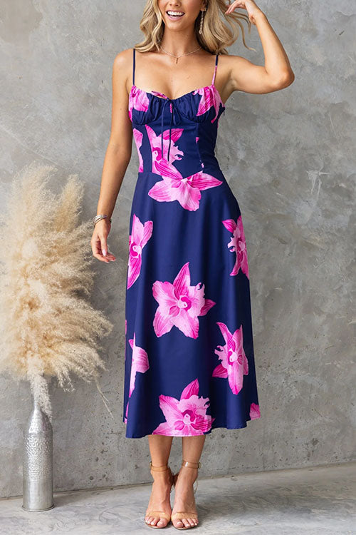 Adjustable Strap Back Lace-up Print Midi Dress