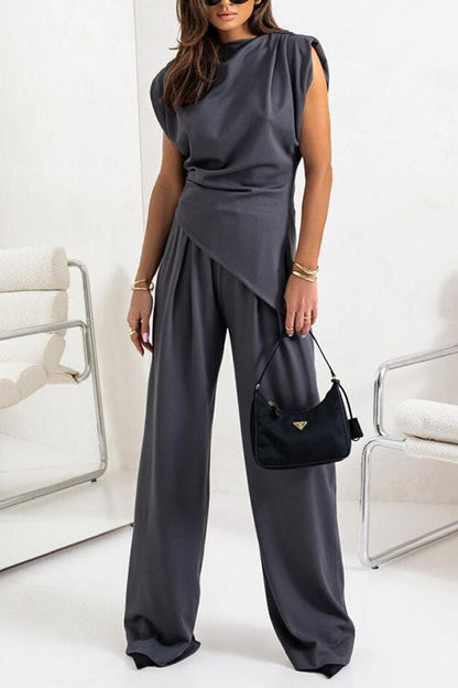 Moxidress Ruched Asymmetrical Top and Wide Leg Pants Set