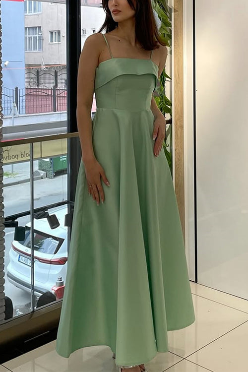 Moxidress Spaghetti Strap Waisted A-line Satin Maxi Dress
