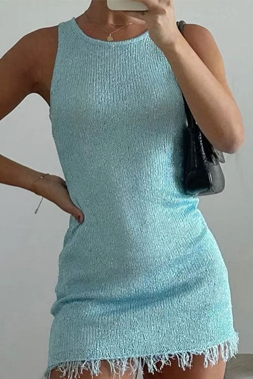Moxidress Round Neck Sleeveless Raw Hem Bodycon Mini Dress