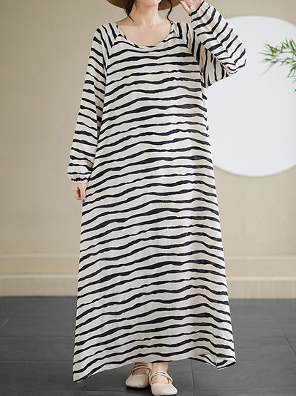 A-line Long Sleeves Contrast Color Elasticity Striped Round-neck Maxi Dresses