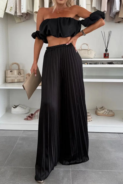 Off-shoulder Top and Pleated Pants Set