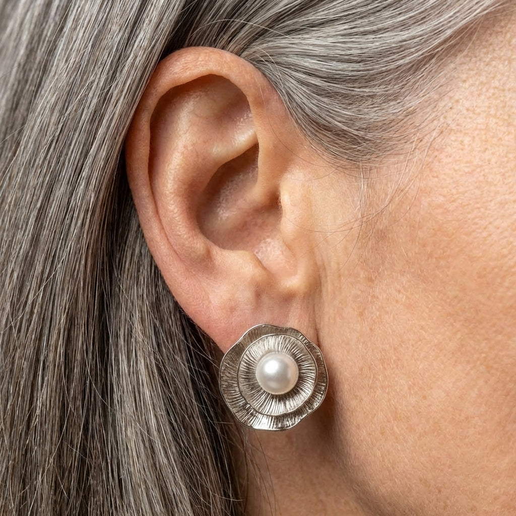 Vintage Silver Petal Pearl Stud Earrings