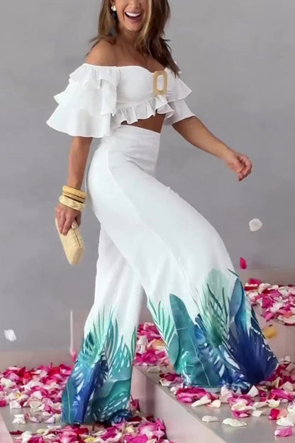 Off Shoulder Top and High Waisted Wide Leg Printed Pants Suit