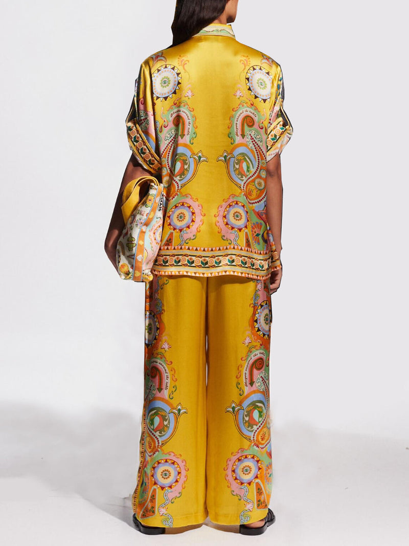 Exquisite Satin Unique Cashew Flower Print Loose Wide-leg Pants