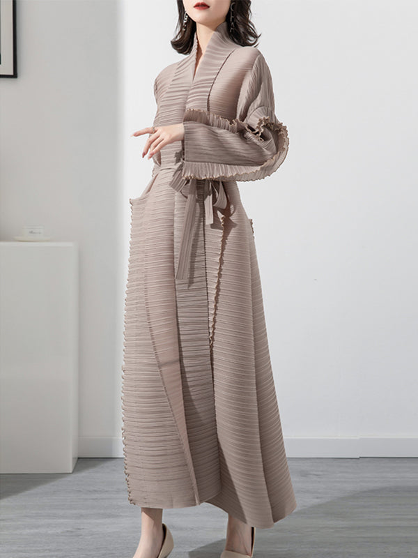 Long Sleeves Loose Tied Pleated Stand Collar Midi Dresses