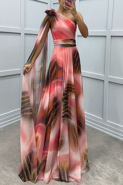 Lucia Unique Print Detail One Shoulder Draped Sleeve Gown Maxi Dress