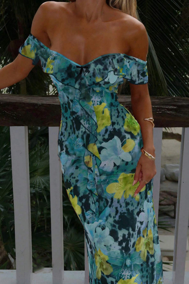 Tie Strapless Ruffled Print Bodycon Maxi Dress