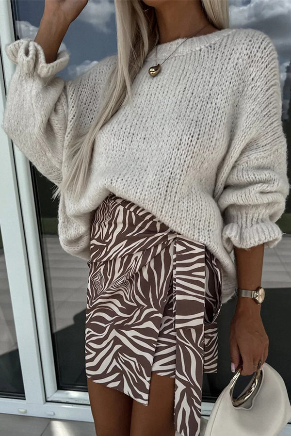 Color Round Neck Ruffled Long Sleeve Knitted Sweater