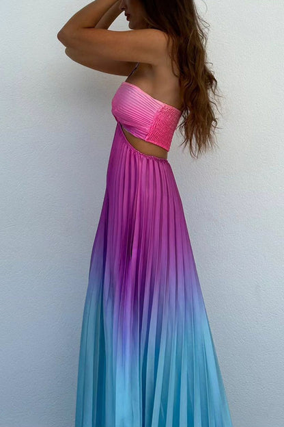 Get Ready Gradient Print Cutout Halterneck Pleated Maxi Dress