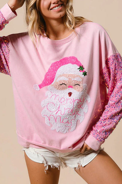 Christmas Loose Round Neck Sequined Sleeve Sweatshirt