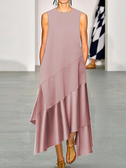 A-line Loose Asymmetric Pockets Ruffled Round-neck Maxi Dresses
