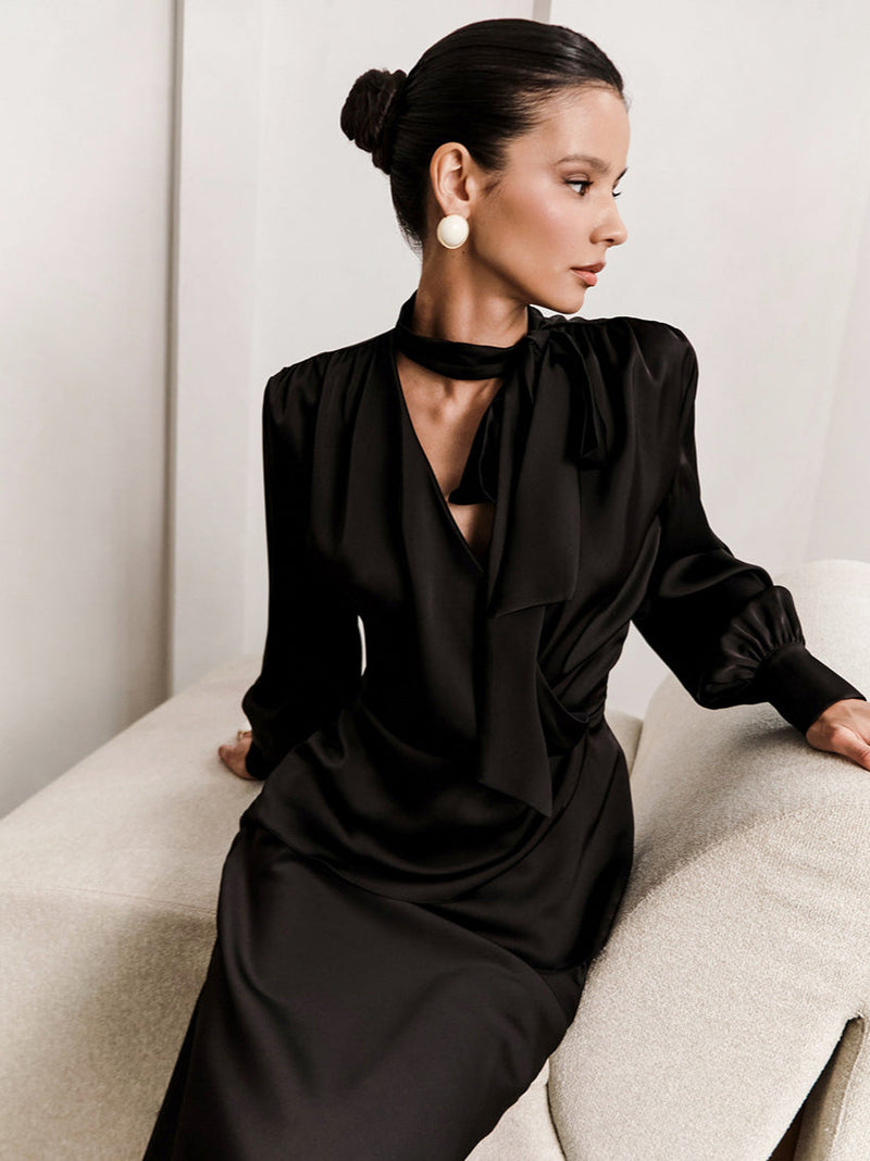 V-neck Tie Slim Fit Blouse