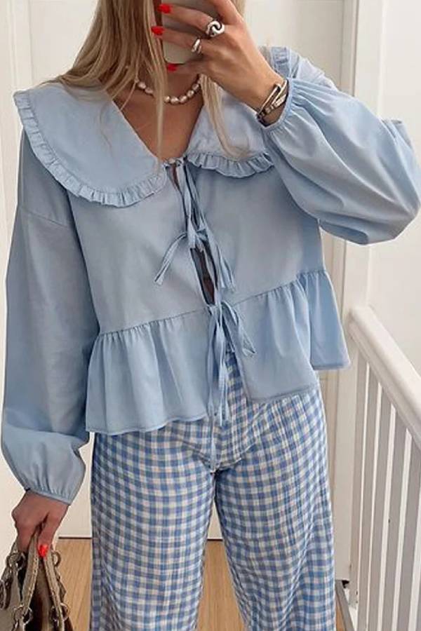 Color Lace-up Long Sleeve Cardigan Shirt