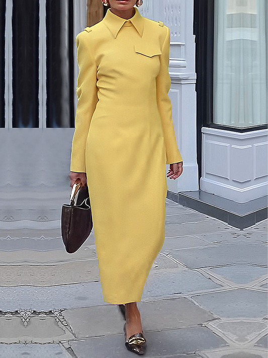 Long Sleeves Loose Color Split-joint Lapel Maxi Dresses