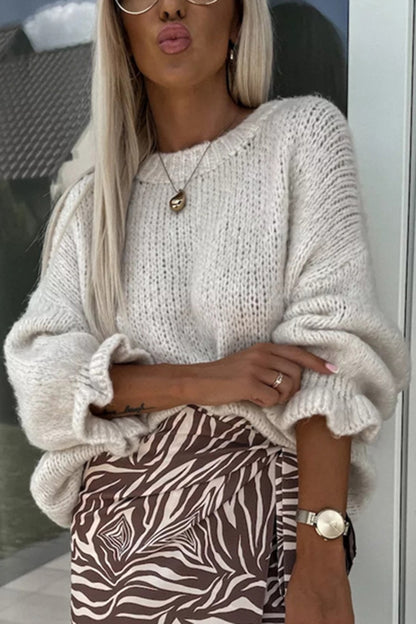 Color Round Neck Ruffled Long Sleeve Knitted Sweater