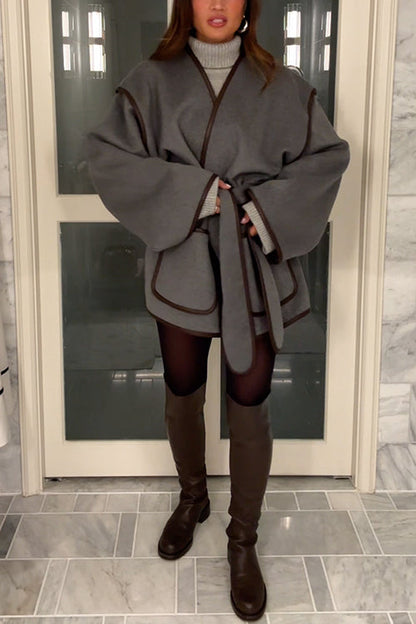 Moxidress Open Front Pocketed Splice Coat With Belt