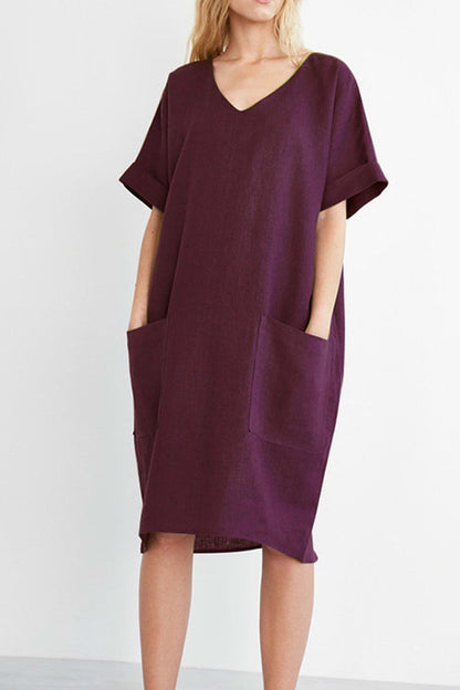 V-neck Short Sleeve Pocketed Cotton Dress