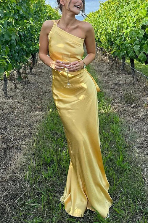 Moxidress One Shoulder Open Back Tie Knot Satin Maxi Dress
