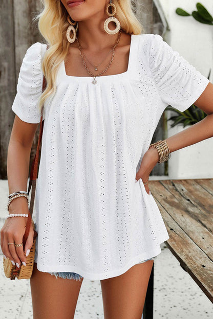 Square Neck Puff Sleeve Hollow Out Blouse