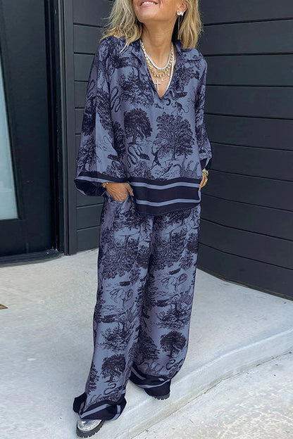 Moxidress Lapel V Neck Long Sleeves Shirt Wide Leg Pants Printed Set