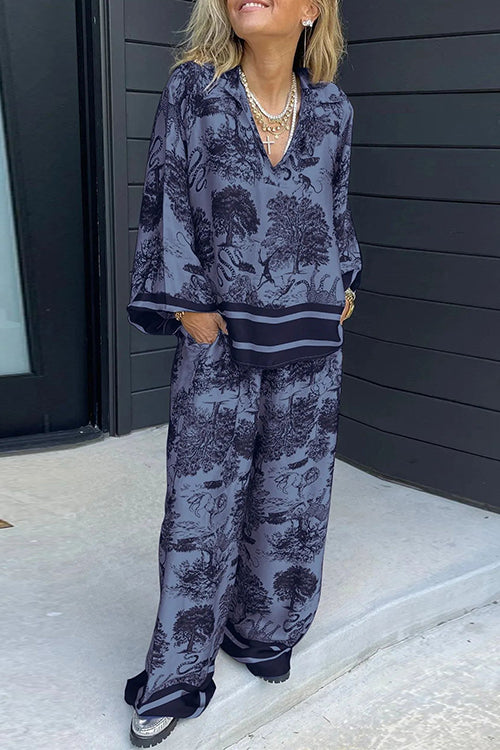 Lapel V Neck Long Sleeves Shirt Wide Leg Pants Printed Set