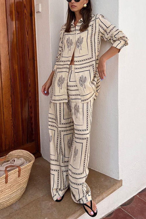 Cactus Print Lapel Long Sleeves Shirt Elastic Waist Wide Leg Pants Set